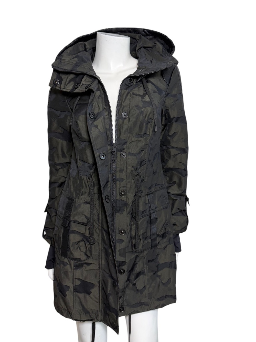 Blanc Noir Camo Jacquard Hooded Anorak Parka Jacket Faux Leather Trim S